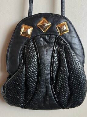 Vintage Black Genuine Leather Crossbody Bag Park Avenue USA Woven Hinged Purse